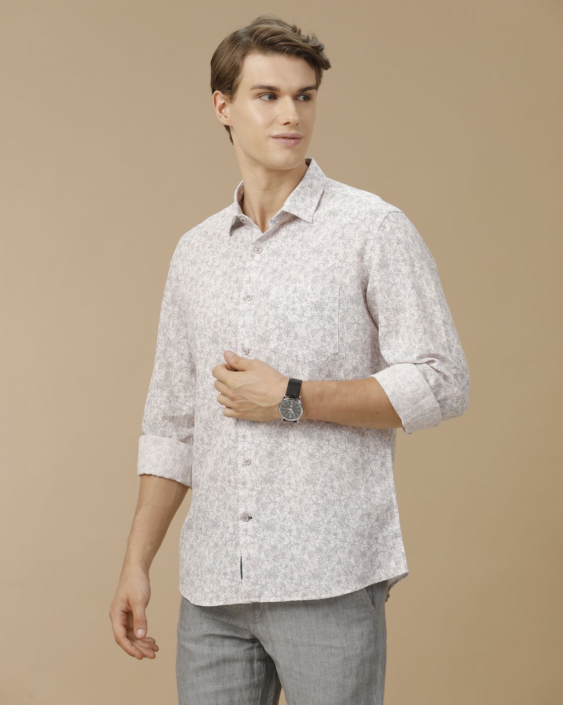 Men's Linen Rich Pink Printed Contemporary Fit Full Sleeve Casual Shirt