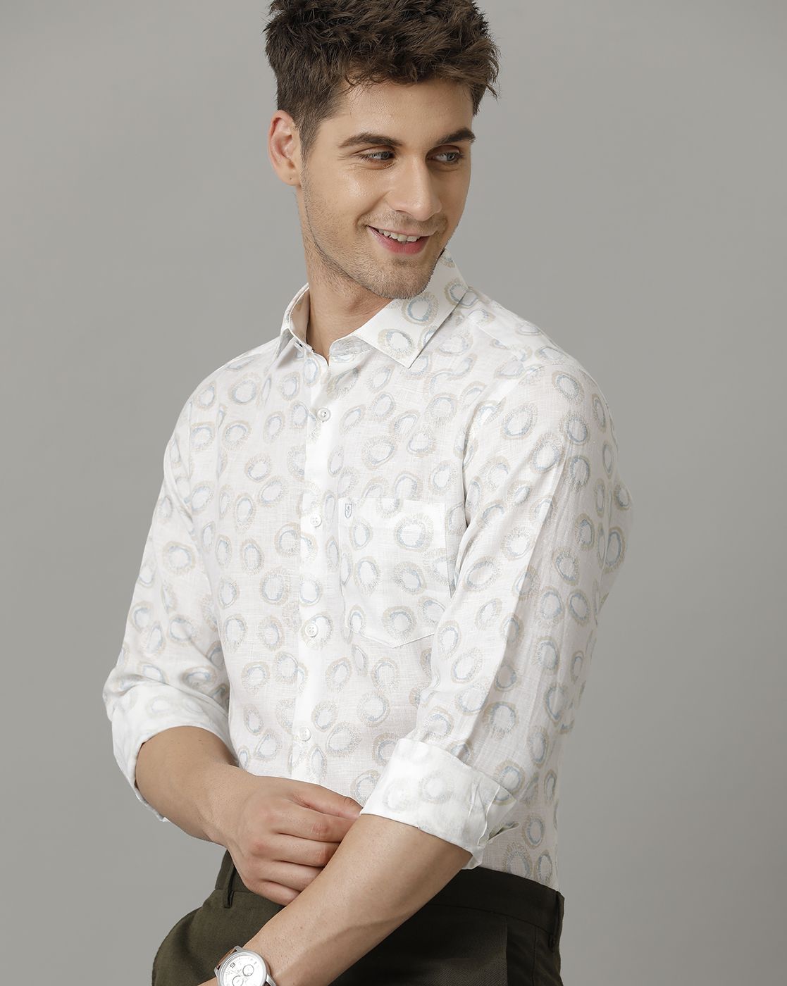 Men's Pure Linen Blue Printed Contemporary Fit Full Sleeve Casual Shirt