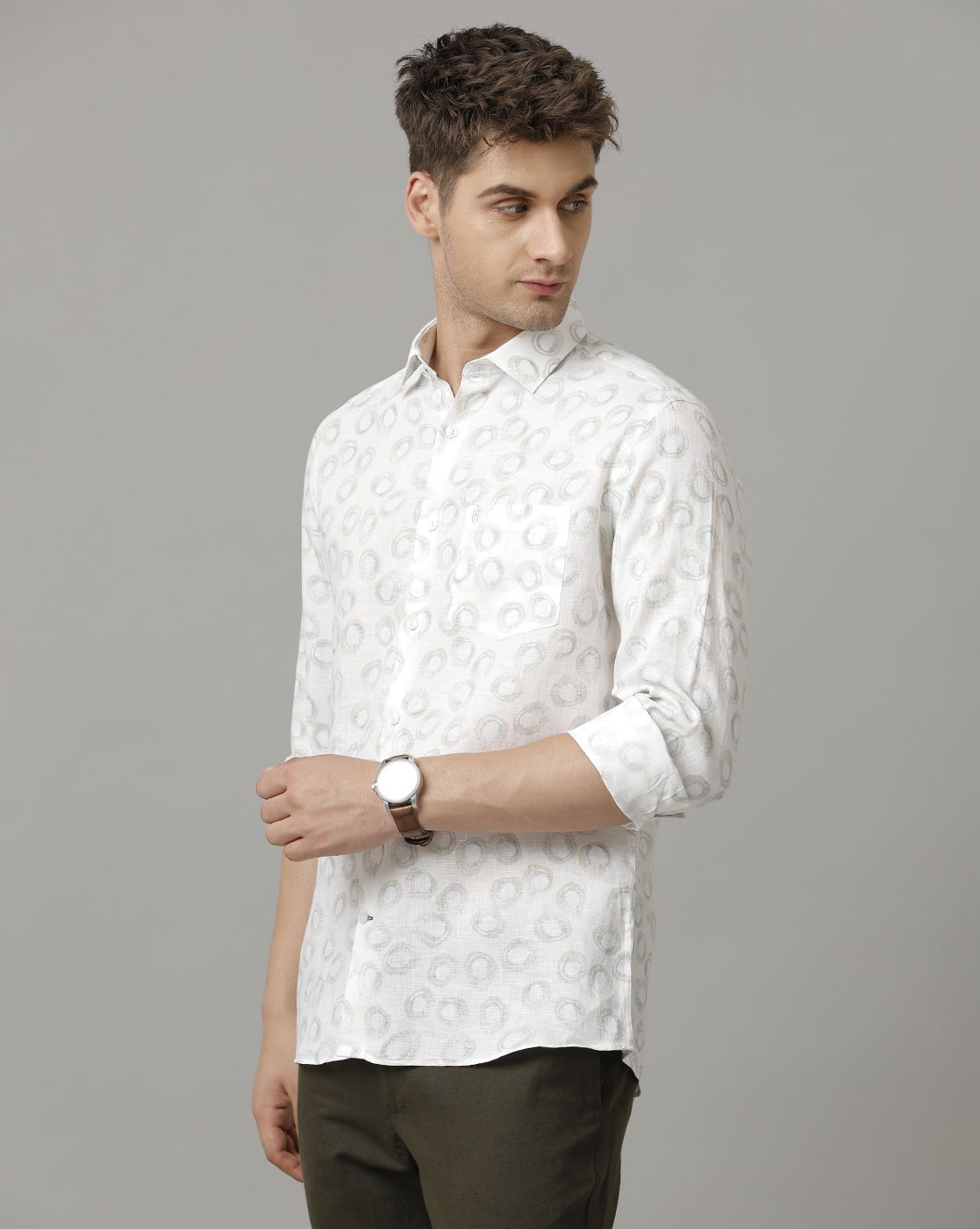 Men's Pure Linen Blue Printed Contemporary Fit Full Sleeve Casual Shirt
