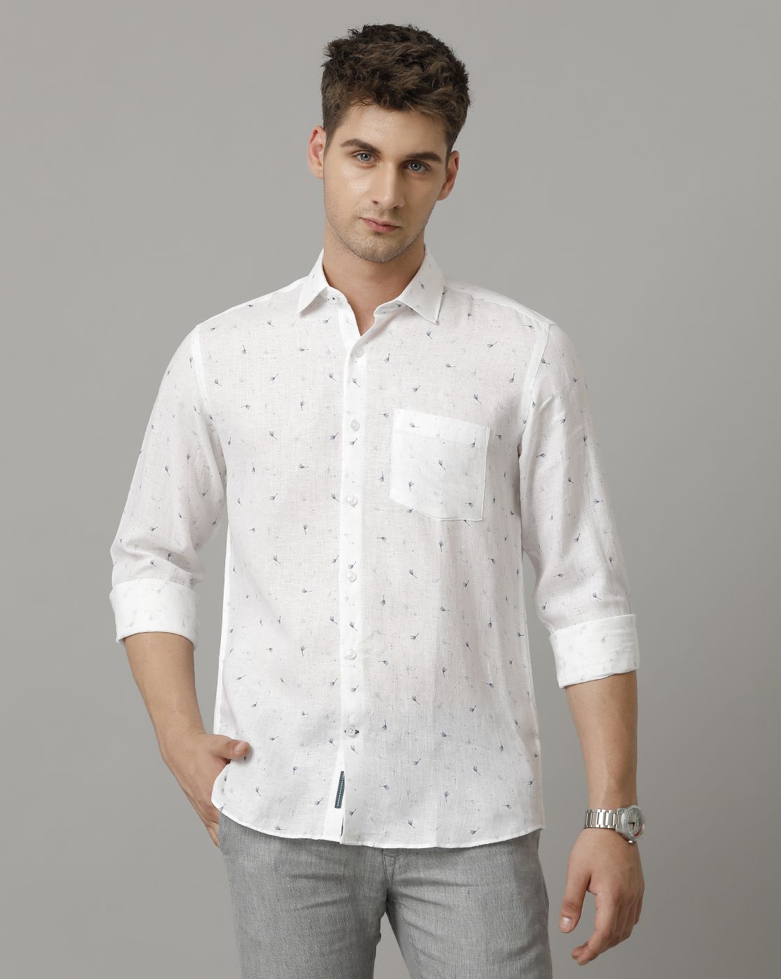 Men's Pure Linen Blue Printed Contemporary Fit Full Sleeve Casual Shirt