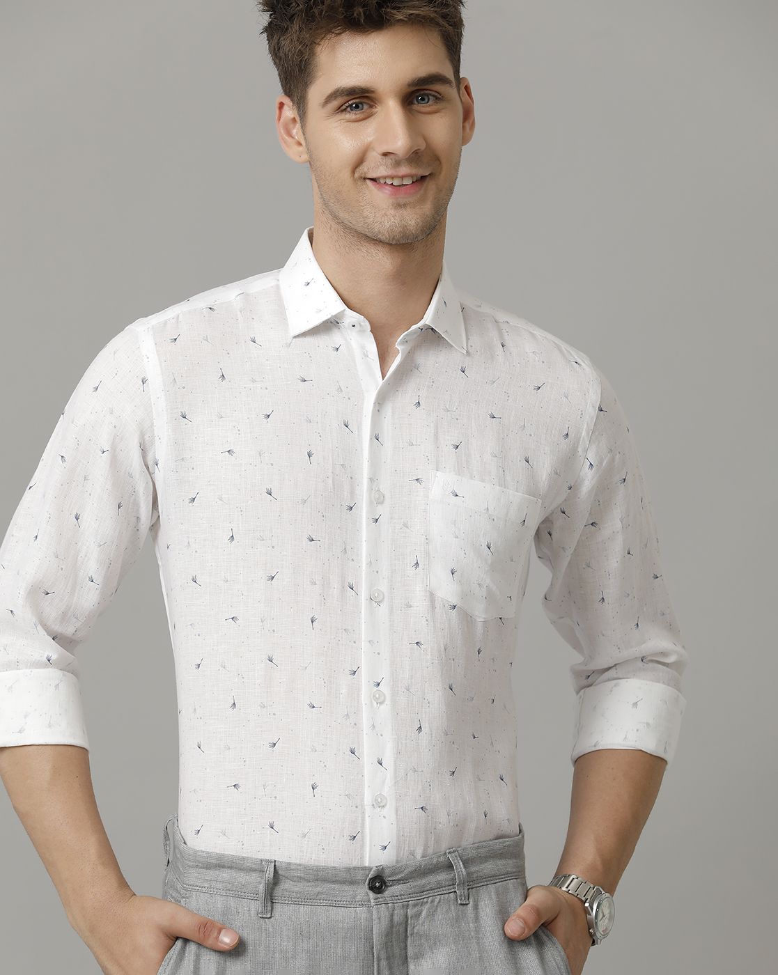 Men's Pure Linen Blue Printed Contemporary Fit Full Sleeve Casual Shirt