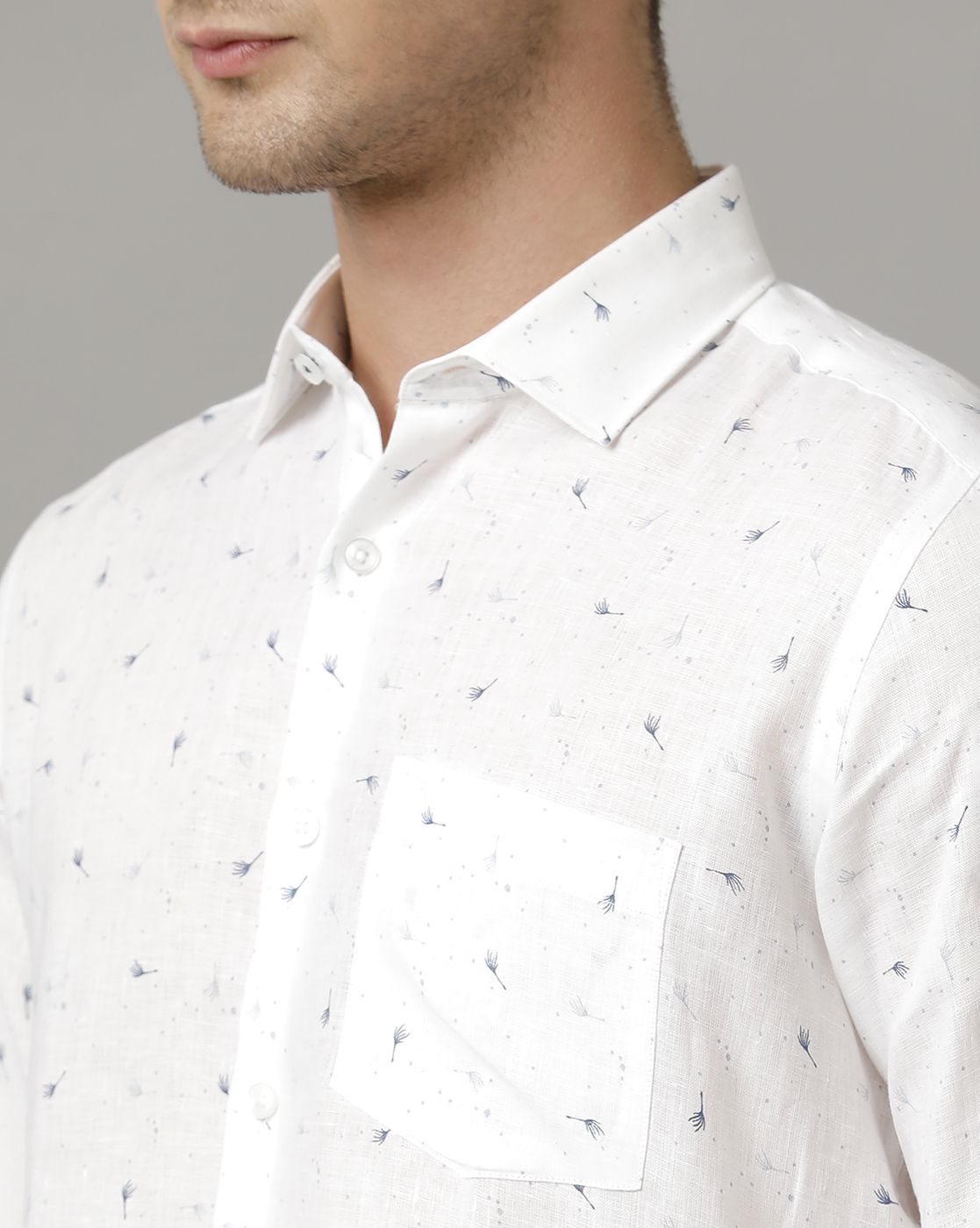 Men's Pure Linen Blue Printed Contemporary Fit Full Sleeve Casual Shirt