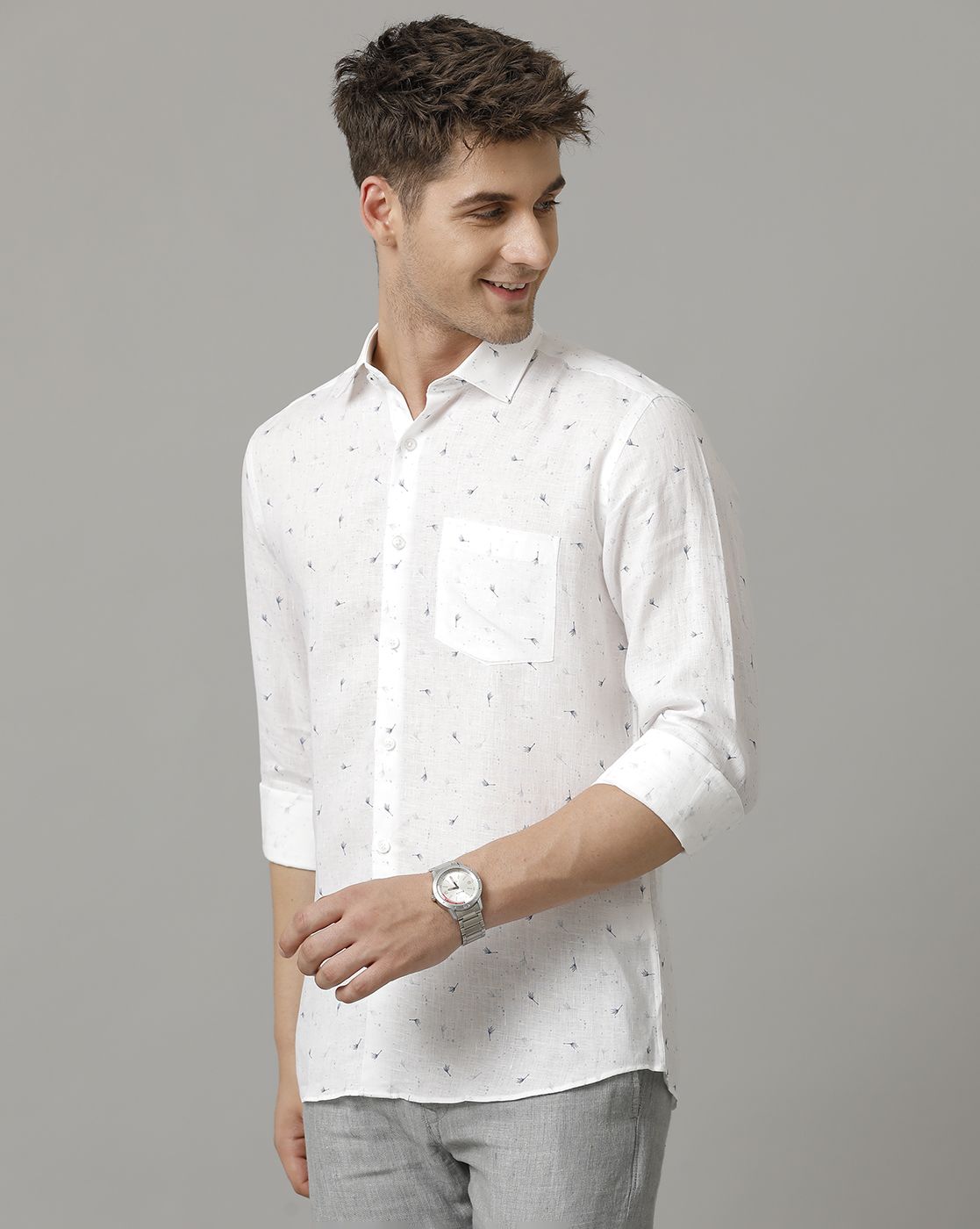 Men's Pure Linen Blue Printed Contemporary Fit Full Sleeve Casual Shirt