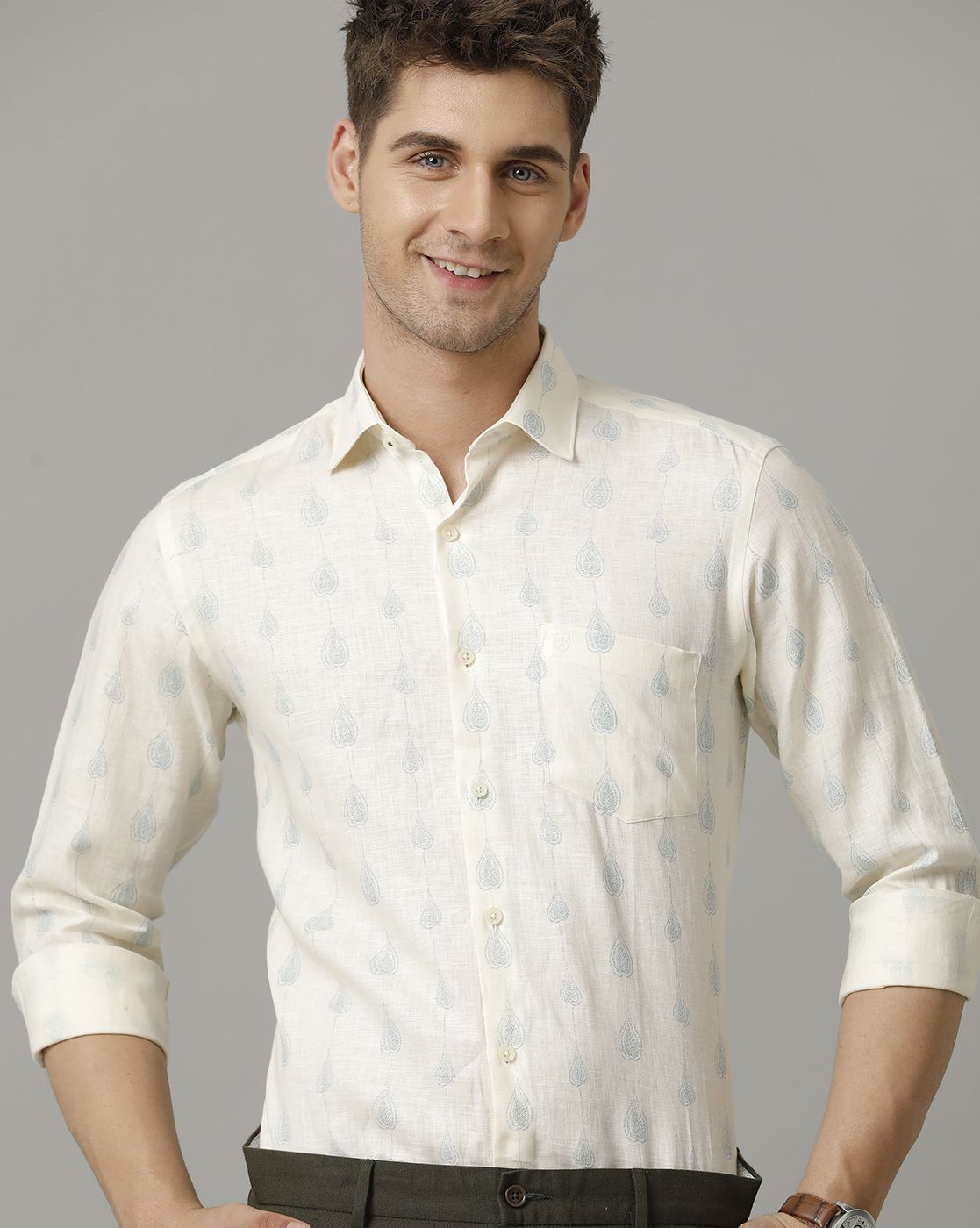 Men's Pure Linen Blue Printed Contemporary Fit Full Sleeve Sleeve Casual Shirt