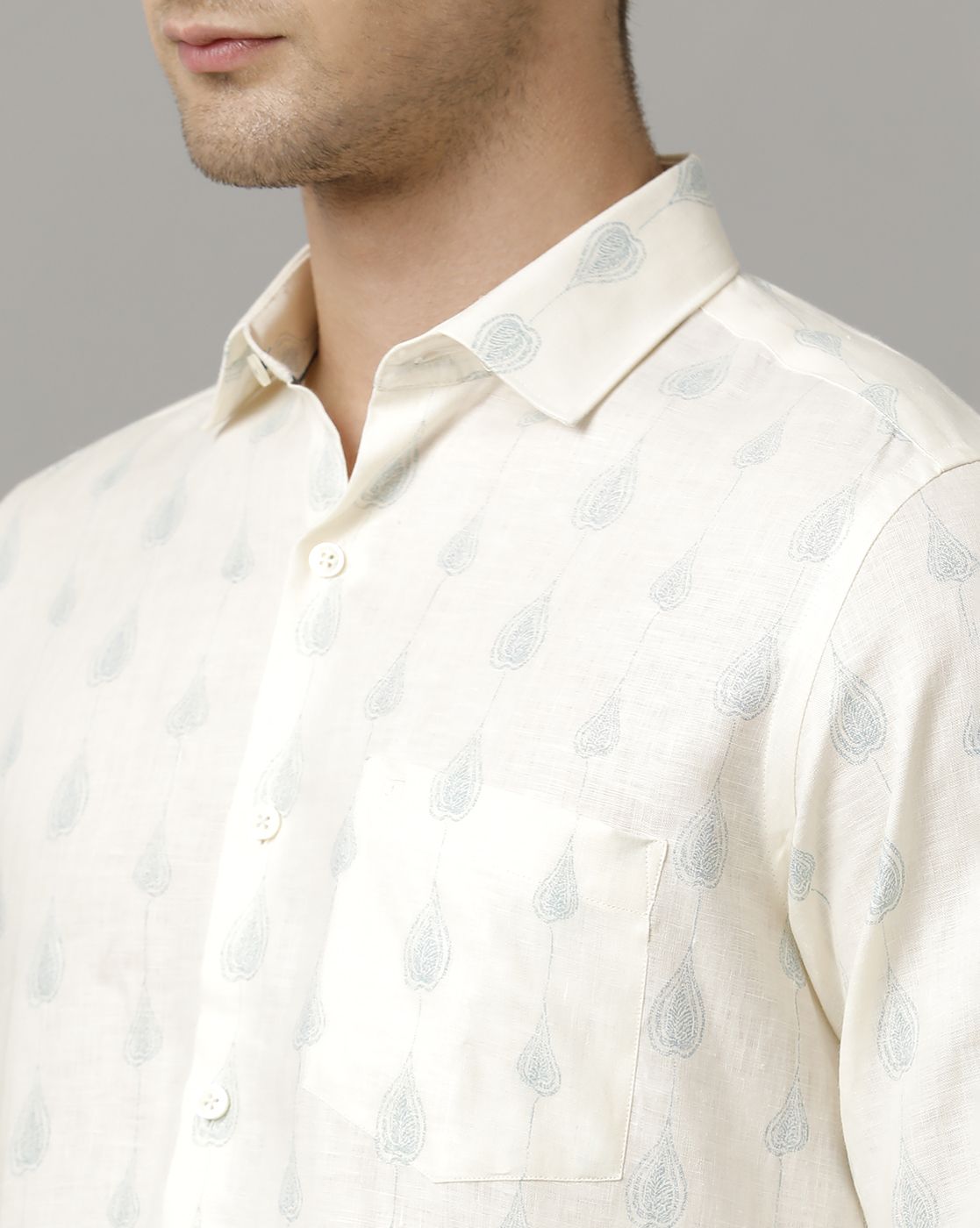 Men's Pure Linen Blue Printed Contemporary Fit Full Sleeve Sleeve Casual Shirt
