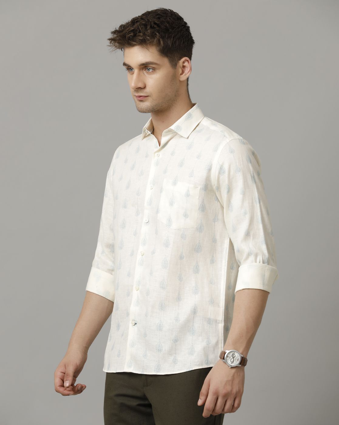 Men's Pure Linen Blue Printed Contemporary Fit Full Sleeve Sleeve Casual Shirt