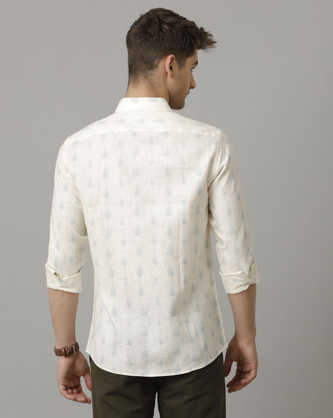 Men's Pure Linen Blue Printed Contemporary Fit Full Sleeve Sleeve Casual Shirt