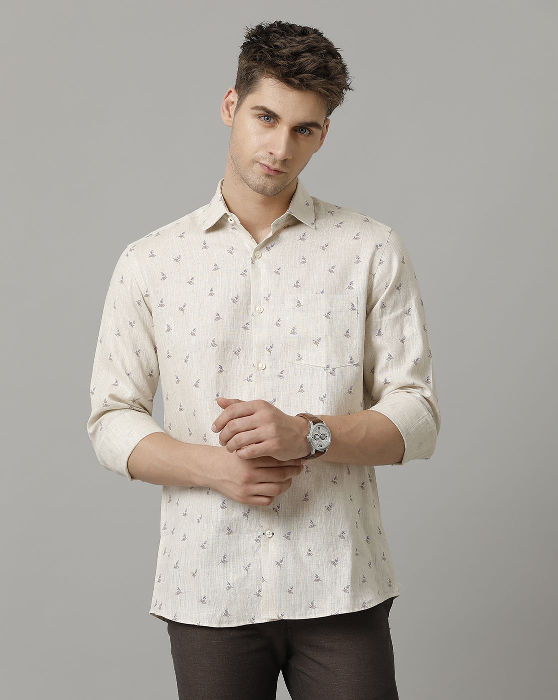 Men's Pure Linen Beige Printed Contemporary Fit Full Sleeve Sleeve Casual Shirt