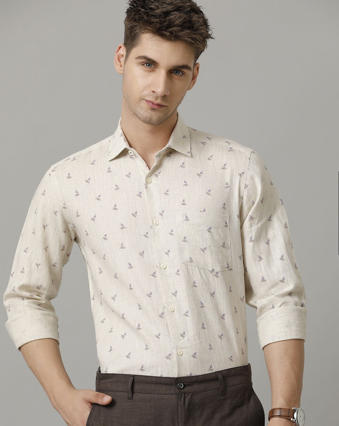 Men's Pure Linen Beige Printed Contemporary Fit Full Sleeve Sleeve Casual Shirt
