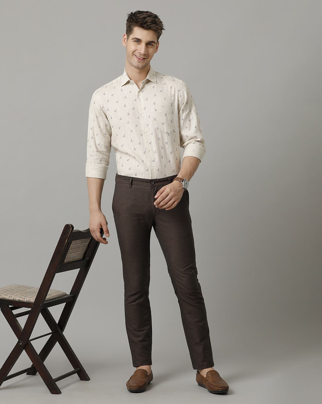 Men's Pure Linen Beige Printed Contemporary Fit Full Sleeve Sleeve Casual Shirt