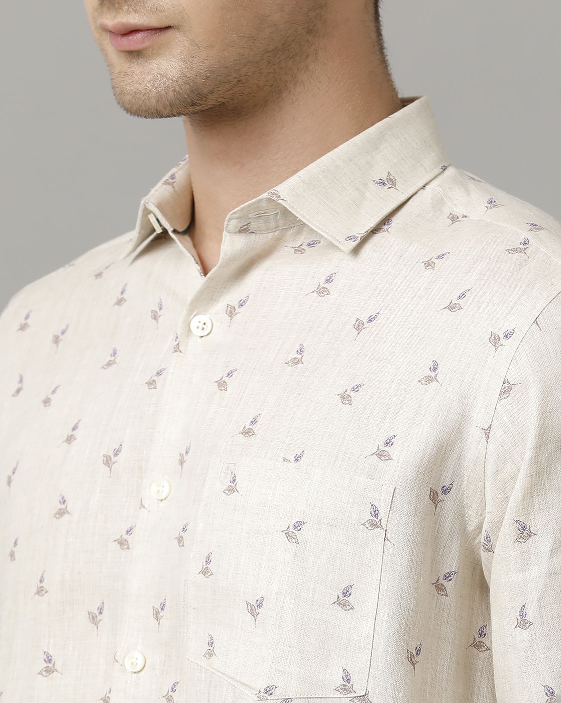 Men's Pure Linen Beige Printed Contemporary Fit Full Sleeve Sleeve Casual Shirt