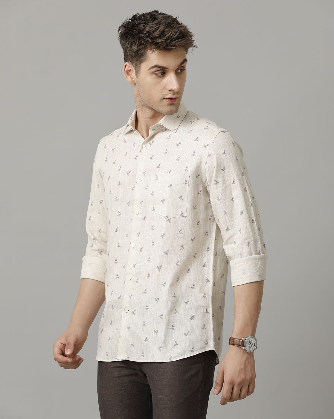 Men's Pure Linen Beige Printed Contemporary Fit Full Sleeve Sleeve Casual Shirt