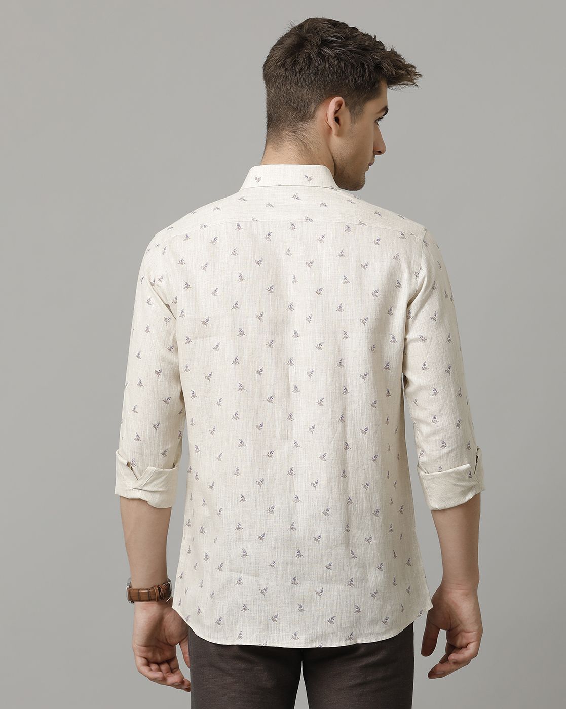 Men's Pure Linen Beige Printed Contemporary Fit Full Sleeve Sleeve Casual Shirt