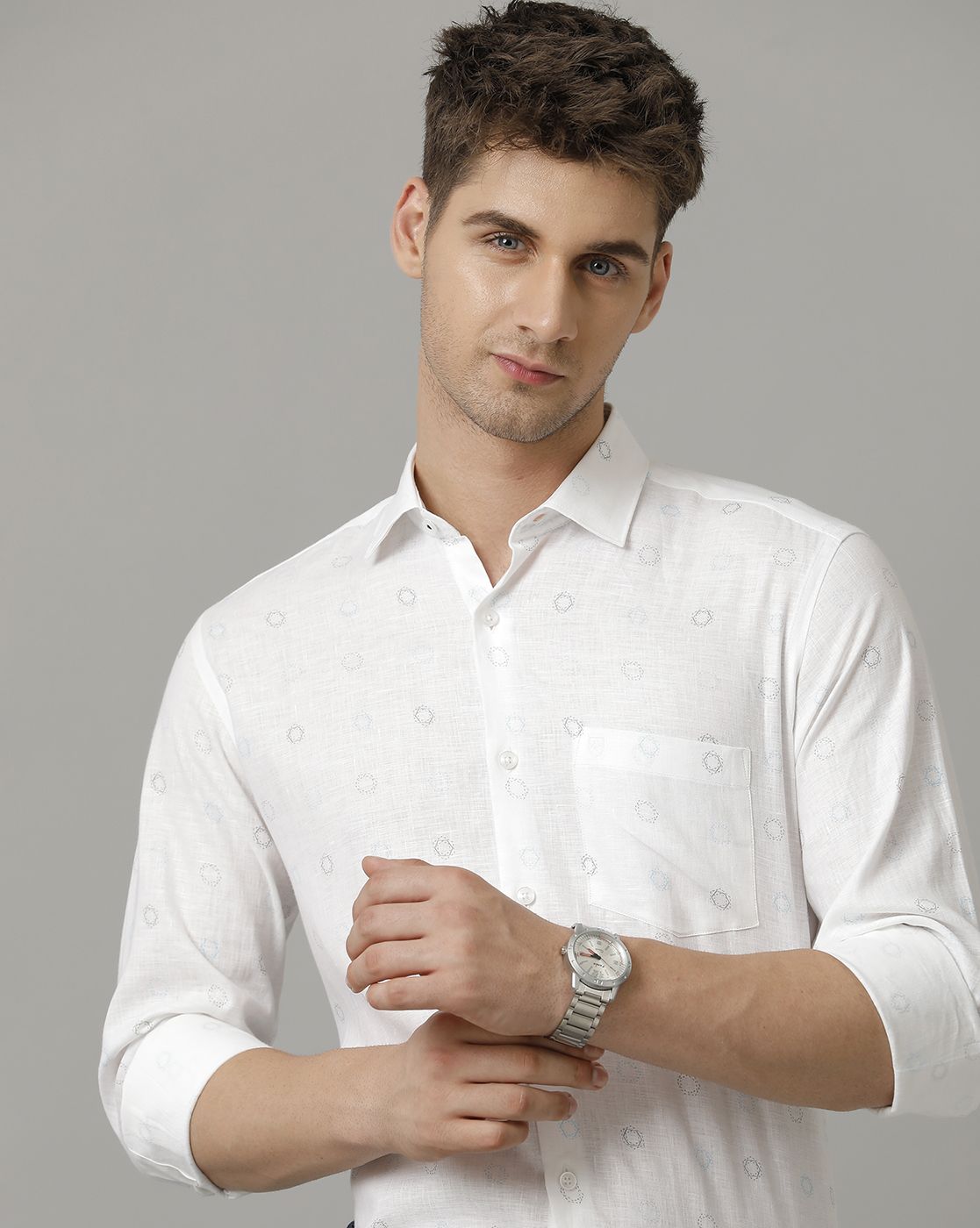 Men's Pure Linen White Printed Contemporary Fit Full Sleeve Casual Shirt