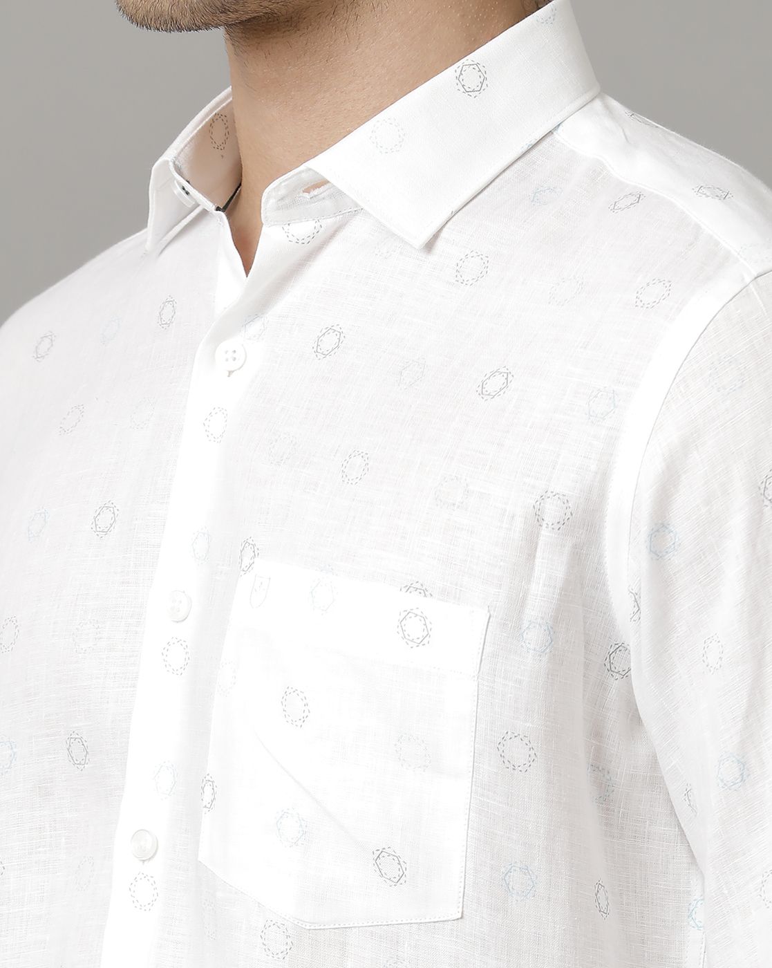 Men's Pure Linen White Printed Contemporary Fit Full Sleeve Casual Shirt