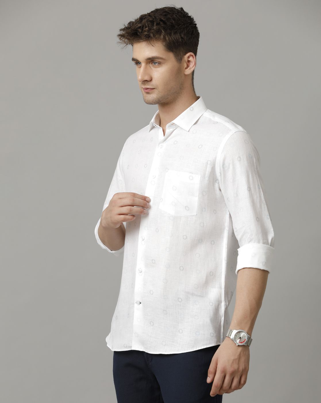 Men's Pure Linen White Printed Contemporary Fit Full Sleeve Casual Shirt