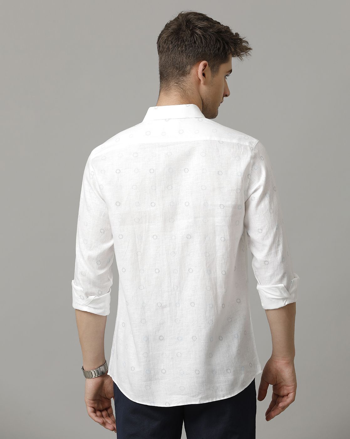 Men's Pure Linen White Printed Contemporary Fit Full Sleeve Casual Shirt