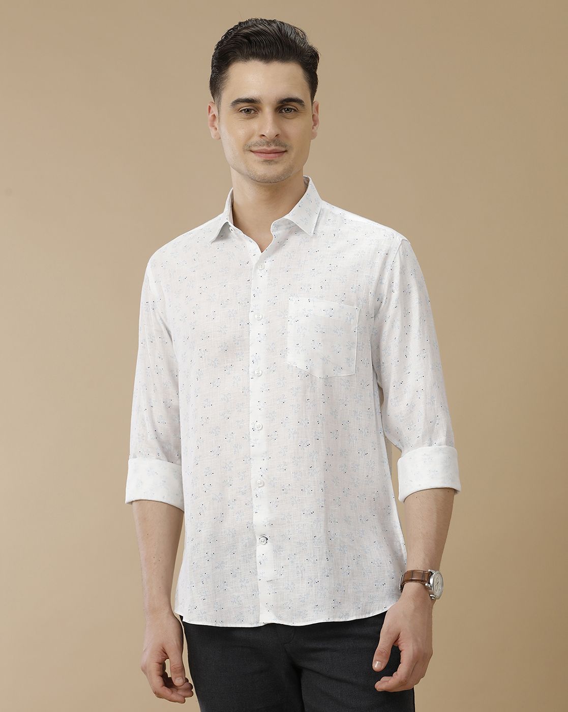 Men's Pure Linen White Printed Contemporary Fit Full Sleeve Casual Shirt