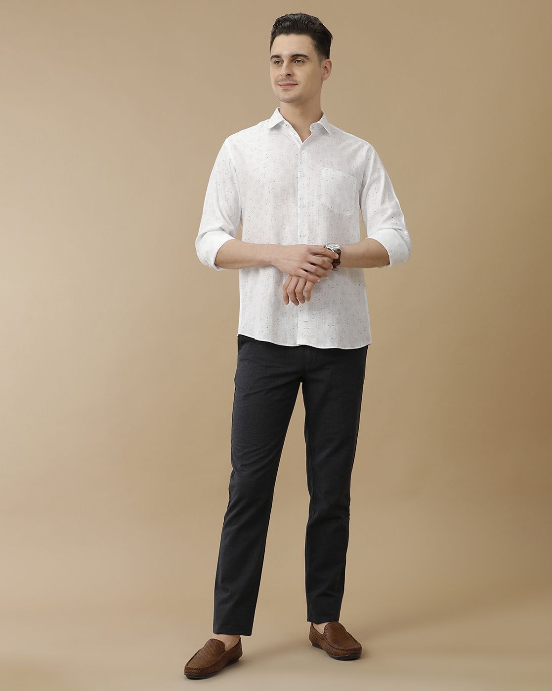 Men's Pure Linen White Printed Contemporary Fit Full Sleeve Casual Shirt