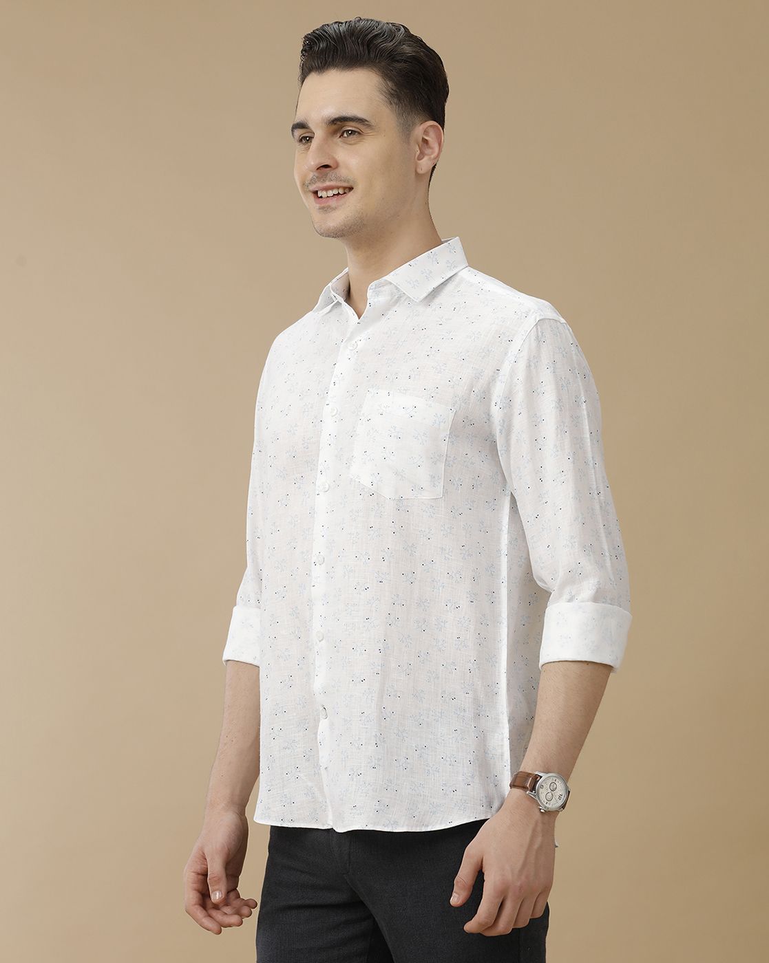 Men's Pure Linen White Printed Contemporary Fit Full Sleeve Casual Shirt