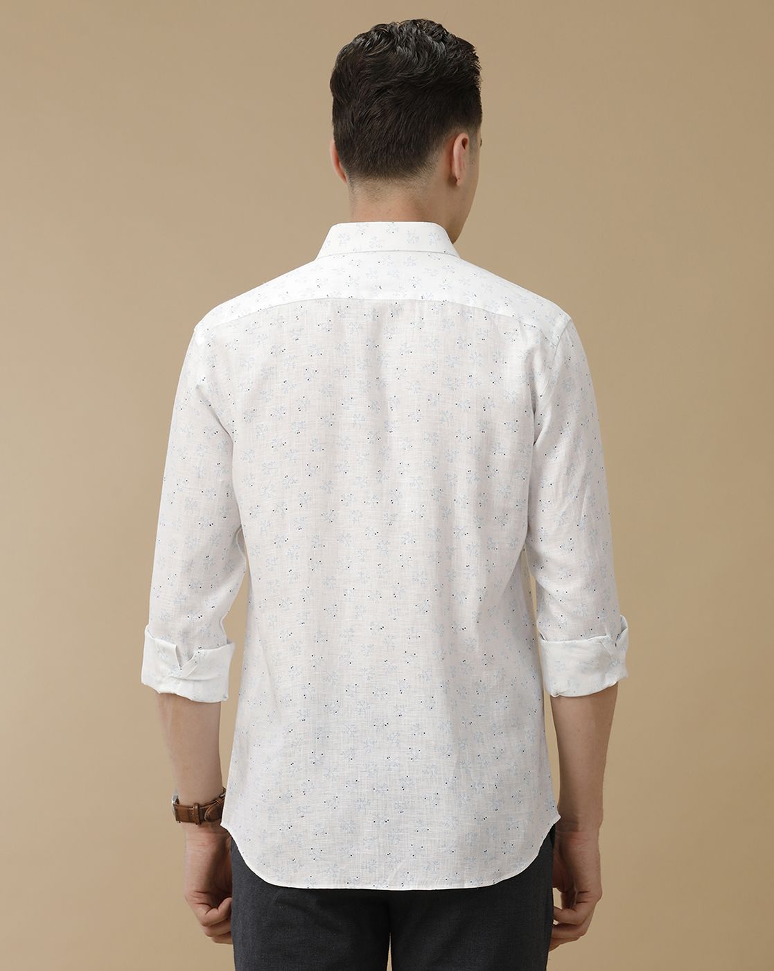 Men's Pure Linen White Printed Contemporary Fit Full Sleeve Casual Shirt