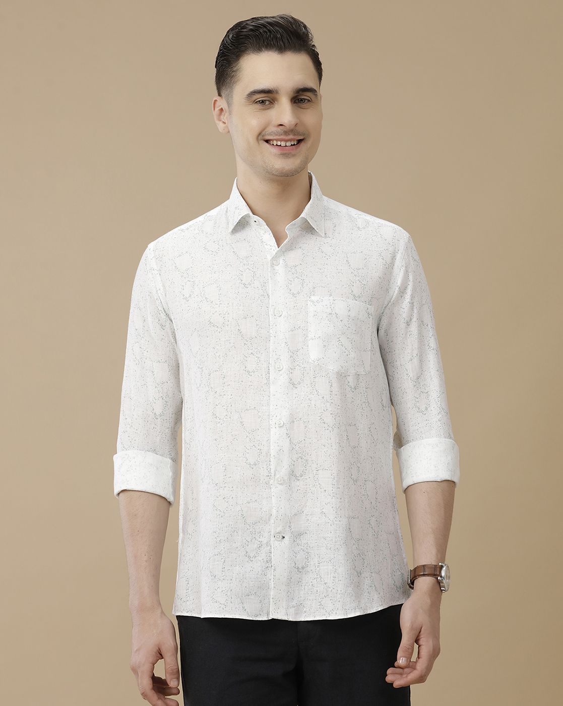 Men's Pure Linen White Printed Contemporary Fit Full Sleeve Casual Shirt