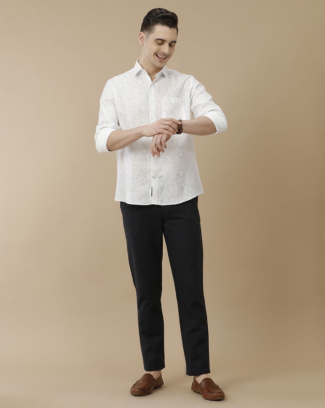 Men's Pure Linen White Printed Contemporary Fit Full Sleeve Casual Shirt