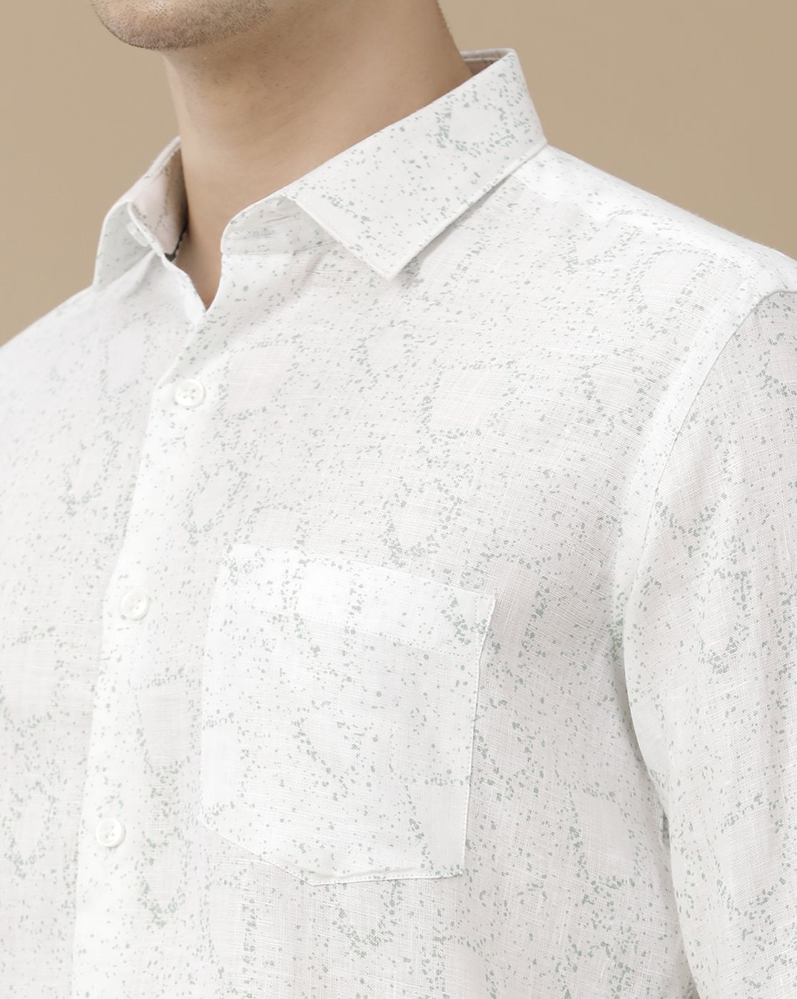 Men's Pure Linen White Printed Contemporary Fit Full Sleeve Casual Shirt