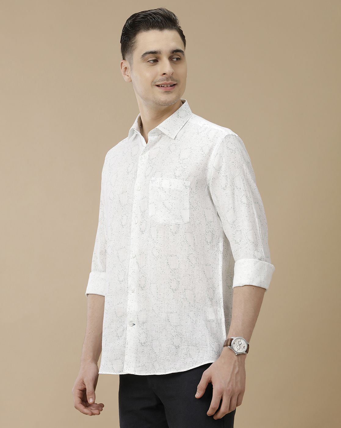 Men's Pure Linen White Printed Contemporary Fit Full Sleeve Casual Shirt