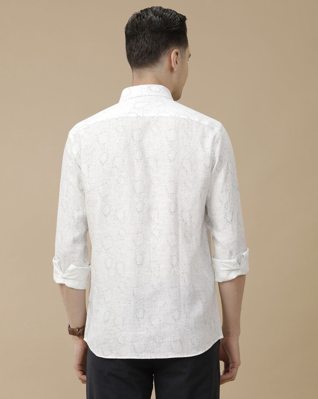 Men's Pure Linen White Printed Contemporary Fit Full Sleeve Casual Shirt