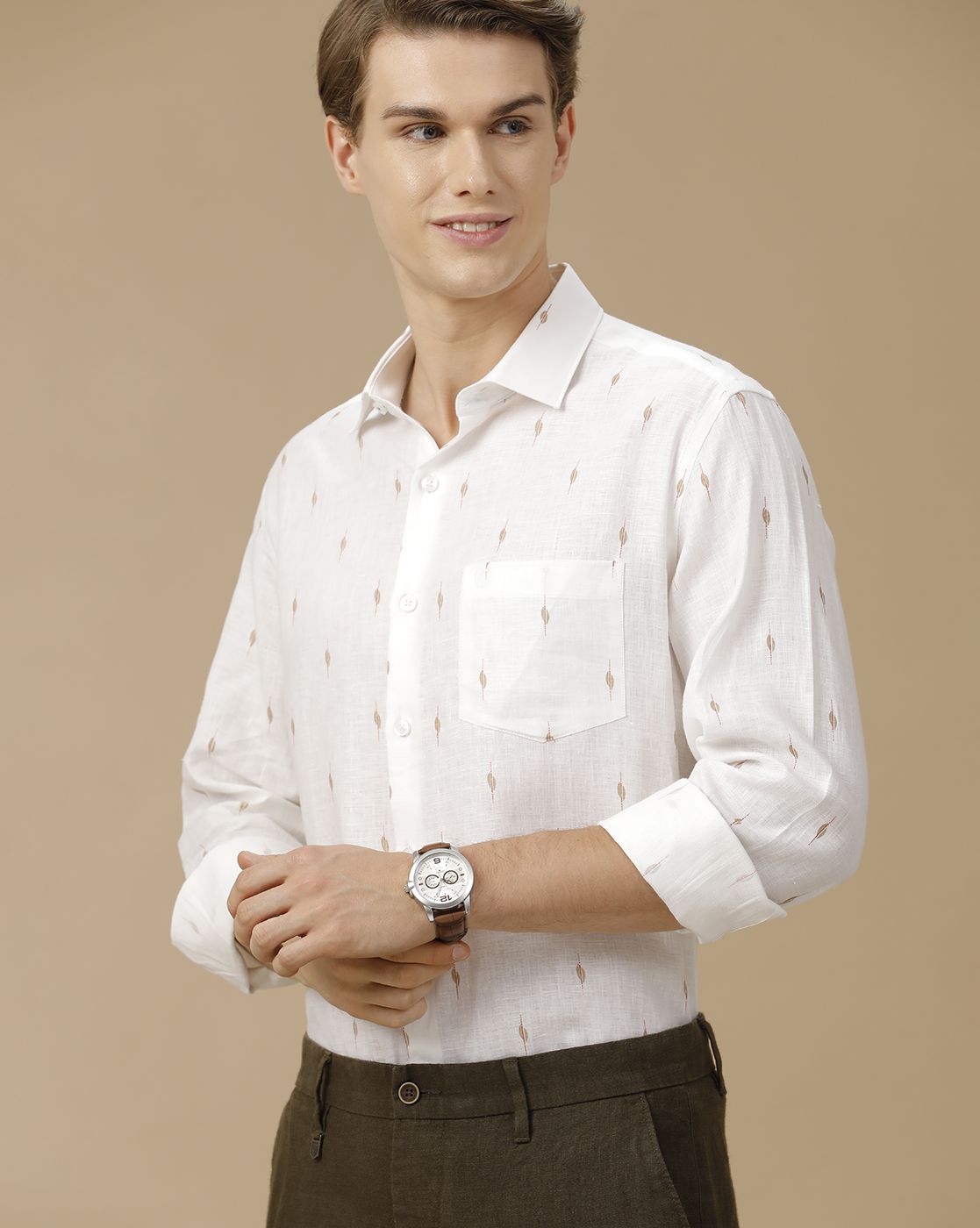 Men's Pure Linen White Printed Contemporary Fit Full Sleeve Casual Shirt