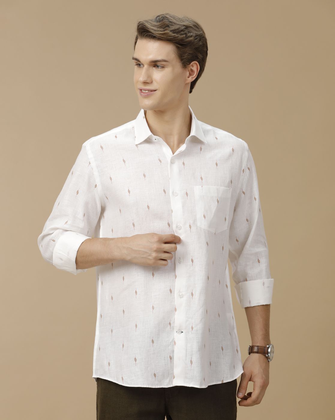 Men's Pure Linen White Printed Contemporary Fit Full Sleeve Casual Shirt