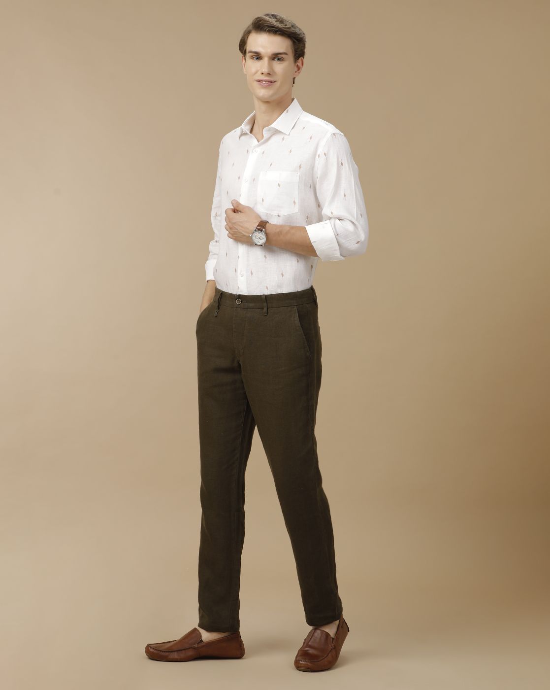 Men's Pure Linen White Printed Contemporary Fit Full Sleeve Casual Shirt