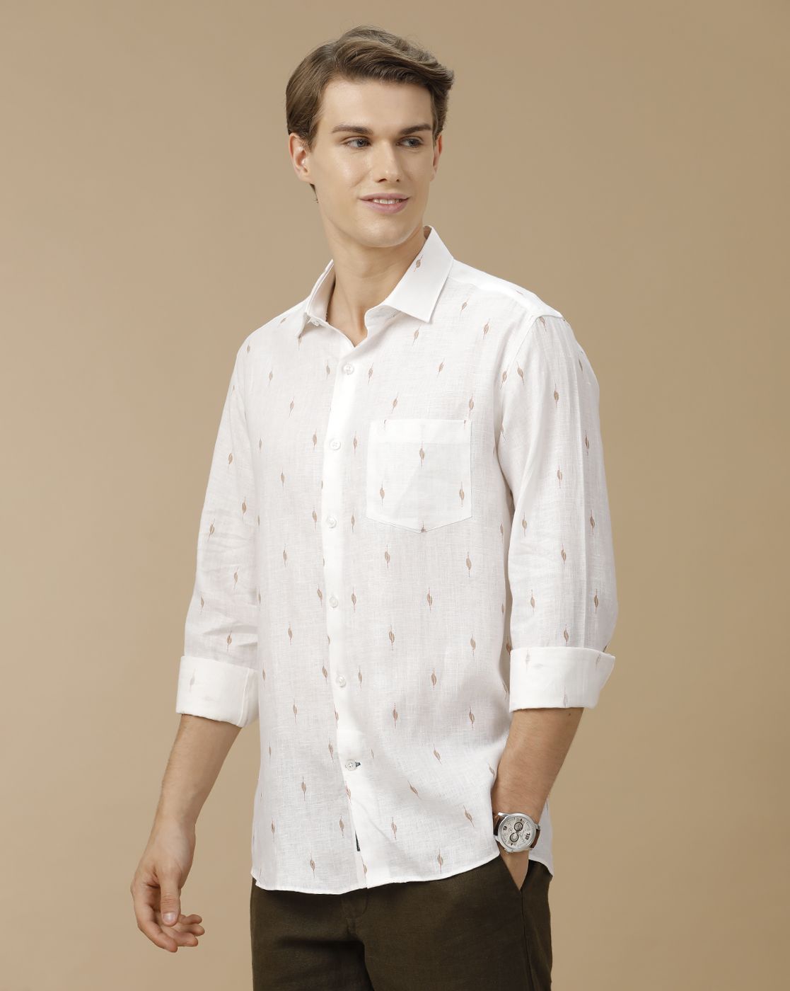 Men's Pure Linen White Printed Contemporary Fit Full Sleeve Casual Shirt