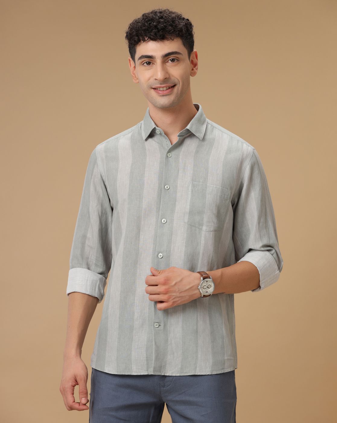 Men's Linen Rich Green Striped Contemporary Fit Full Sleeve Casual Shirt