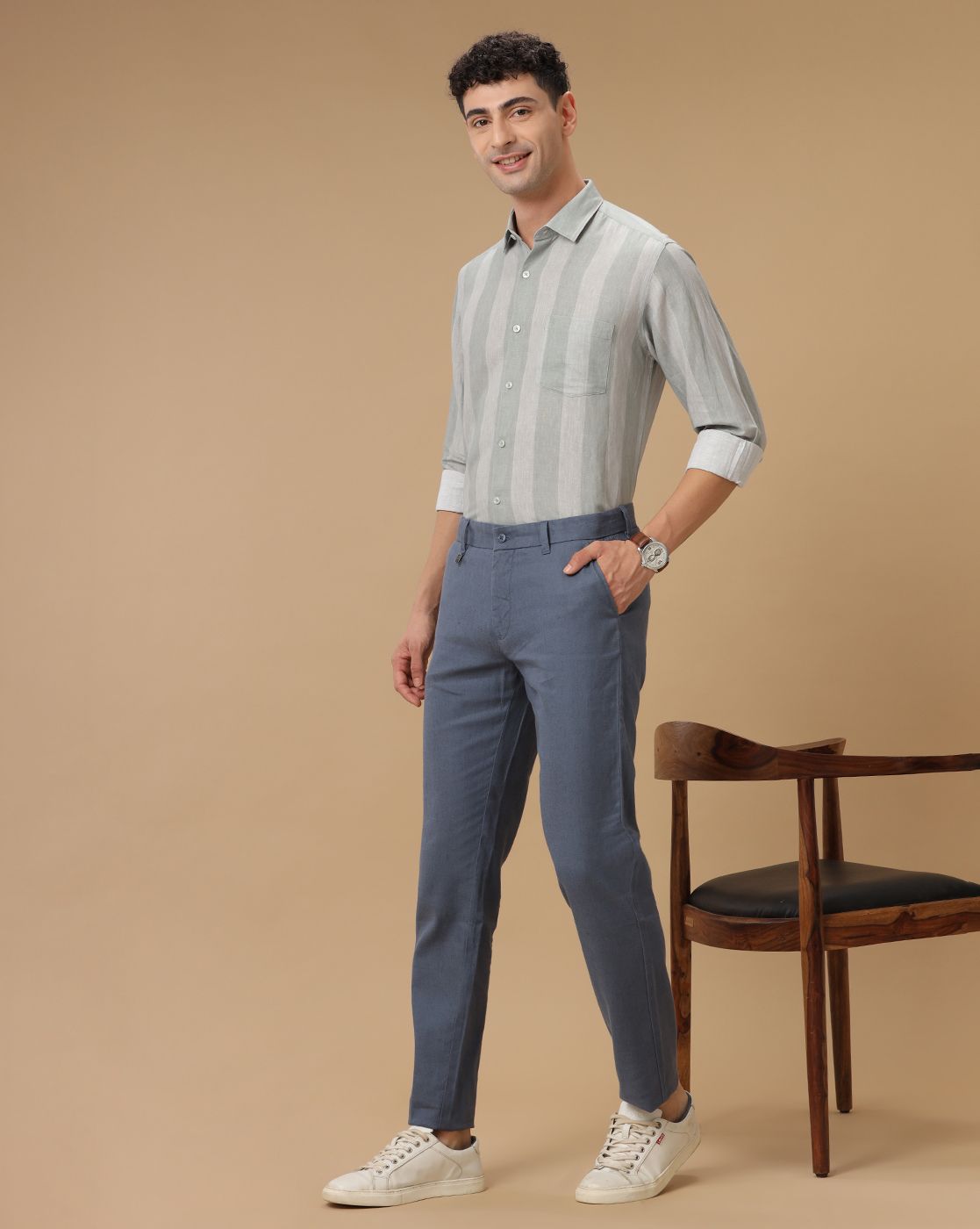 Men's Linen Rich Green Striped Contemporary Fit Full Sleeve Casual Shirt