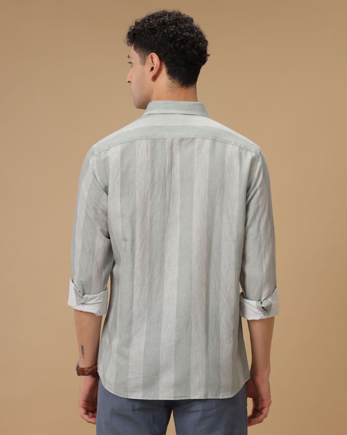 Men's Linen Rich Green Striped Contemporary Fit Full Sleeve Casual Shirt