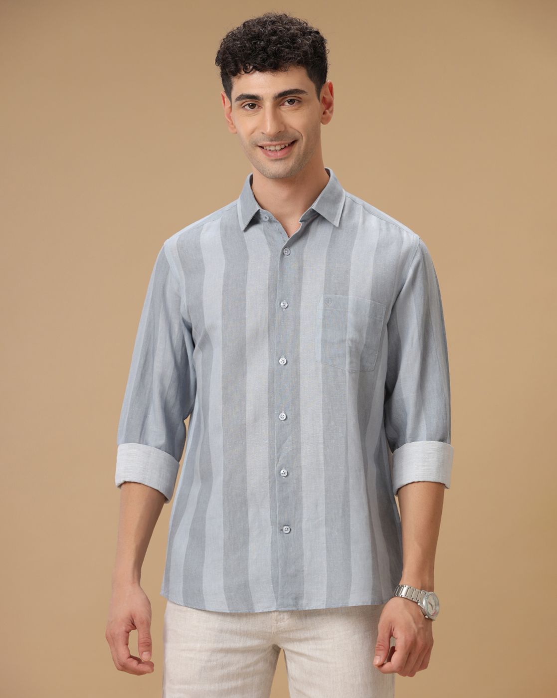 Men's Linen Rich Grey Striped Contemporary Fit Full Sleeve Casual Shirt