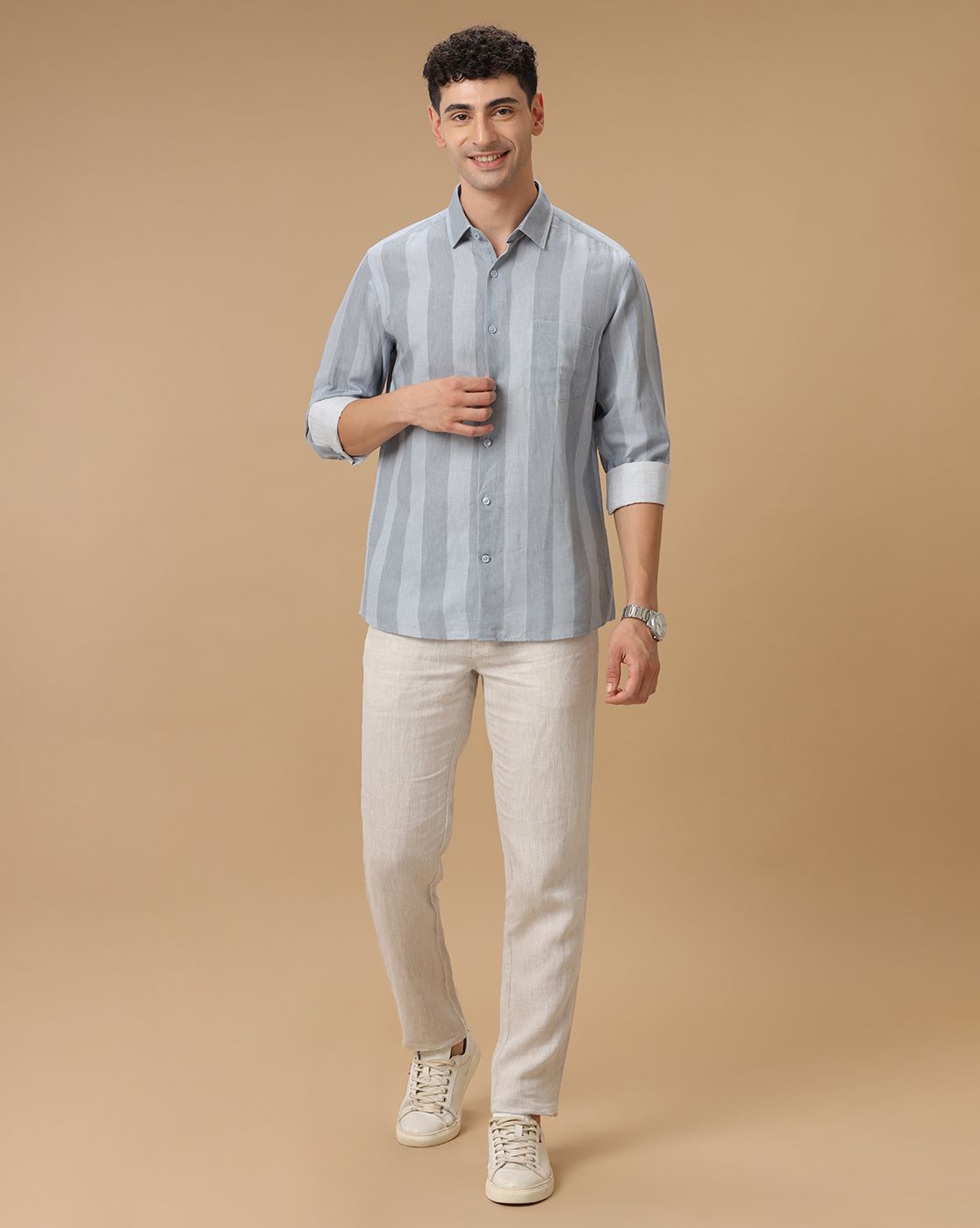 Men's Linen Rich Grey Striped Contemporary Fit Full Sleeve Casual Shirt