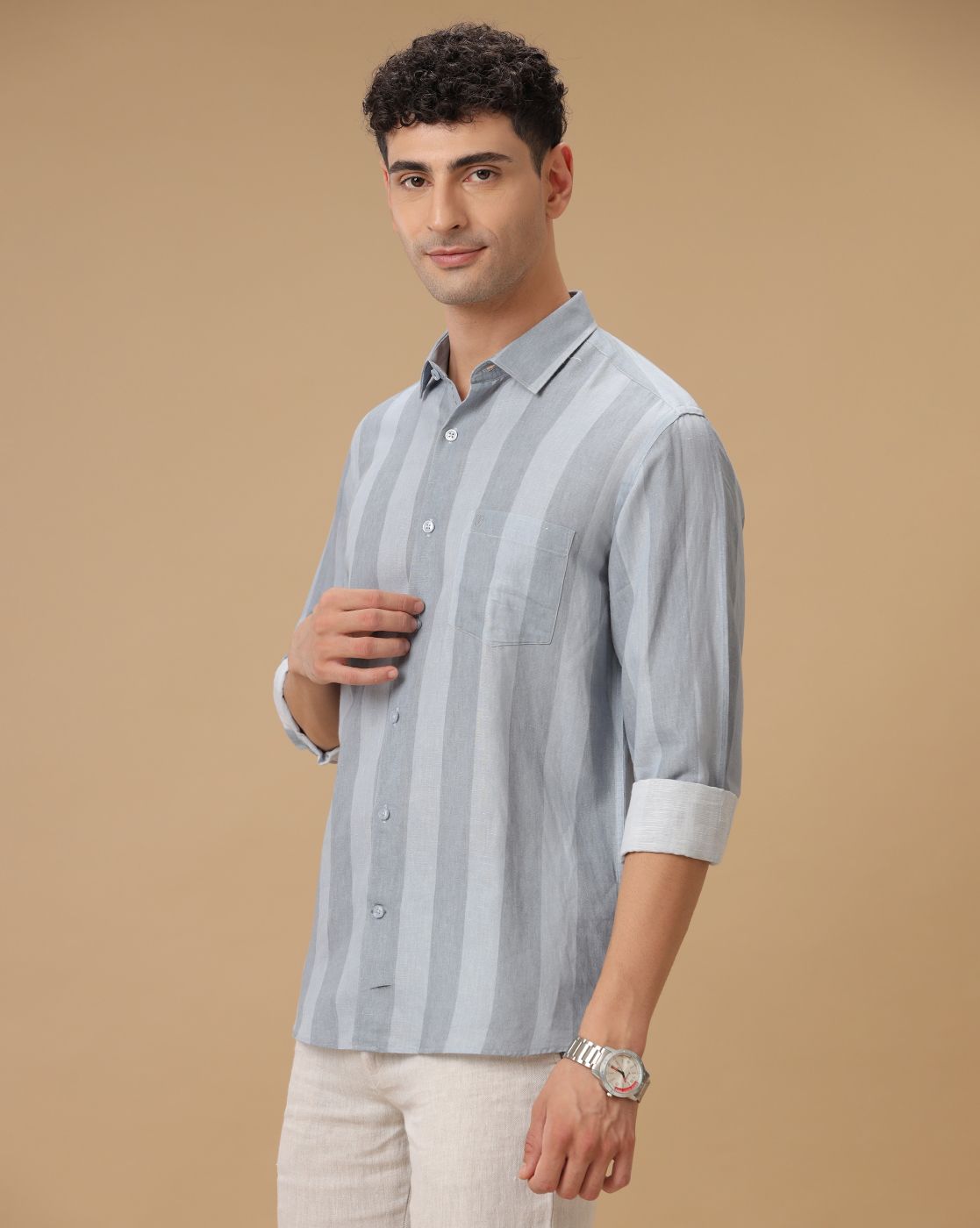 Men's Linen Rich Grey Striped Contemporary Fit Full Sleeve Casual Shirt