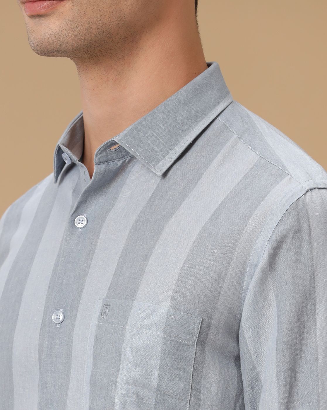 Men's Linen Rich Grey Striped Contemporary Fit Full Sleeve Casual Shirt