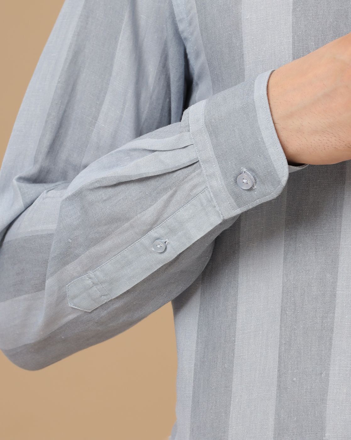 Men's Linen Rich Grey Striped Contemporary Fit Full Sleeve Casual Shirt