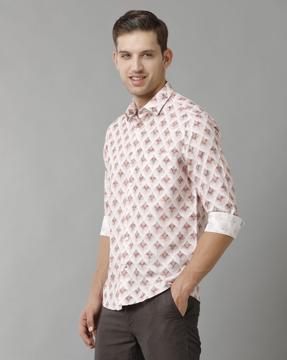 Men's Linen Rich Pink Printed Contemporary Fit Full Sleeve Sleeve Casual Shirt