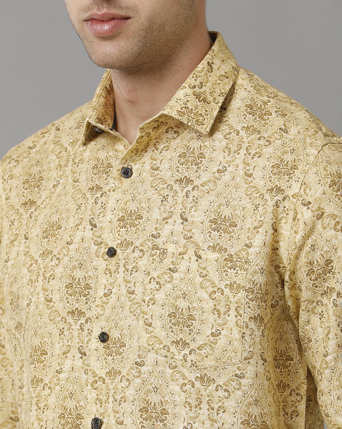 Linen Club Men's Pure Linen Yellow Printed Regular Fit Full Sleeve Casual Shirt