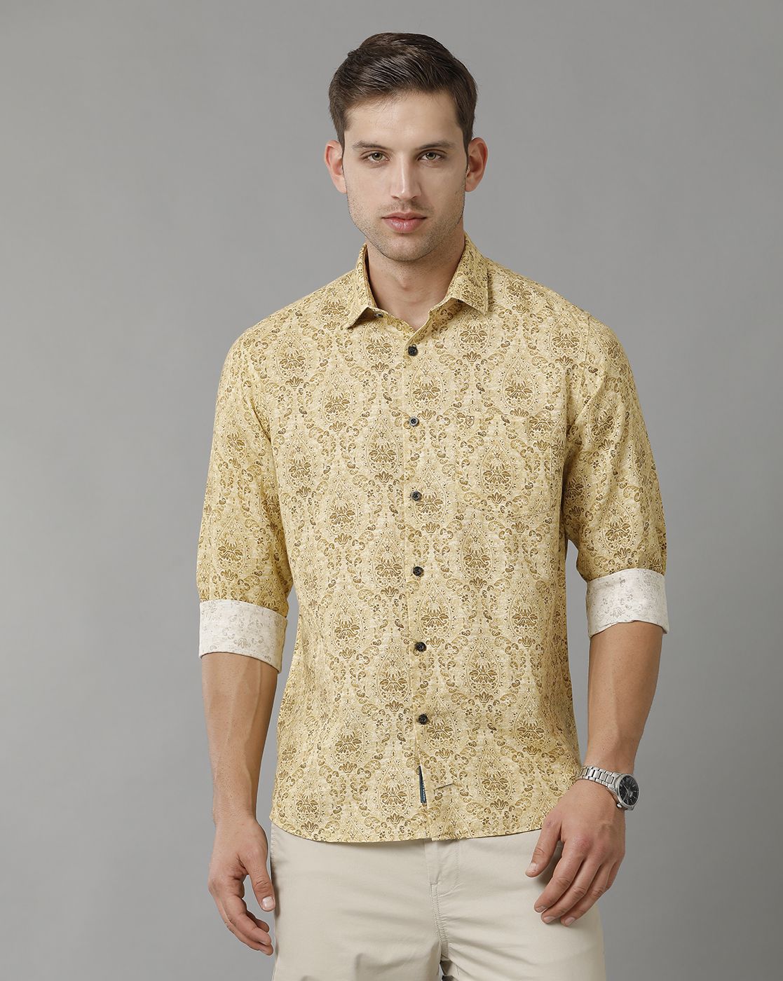 Linen Club Men's Pure Linen Yellow Printed Regular Fit Full Sleeve Casual Shirt