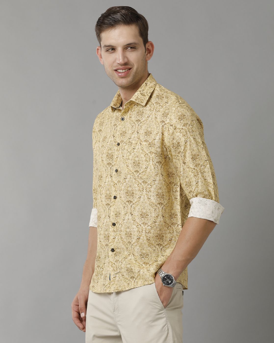 Linen Club Men's Pure Linen Yellow Printed Regular Fit Full Sleeve Casual Shirt