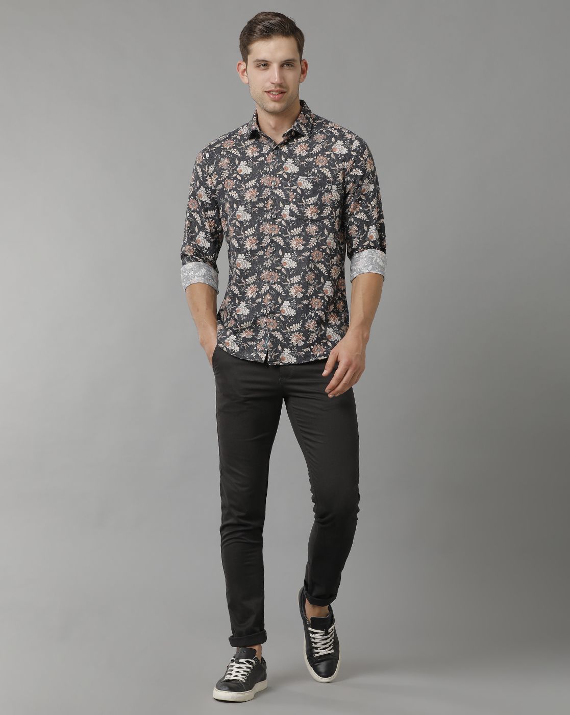 Linen Club Men's Pure Linen Black Printed Regular Fit Full Sleeve Casual Shirt