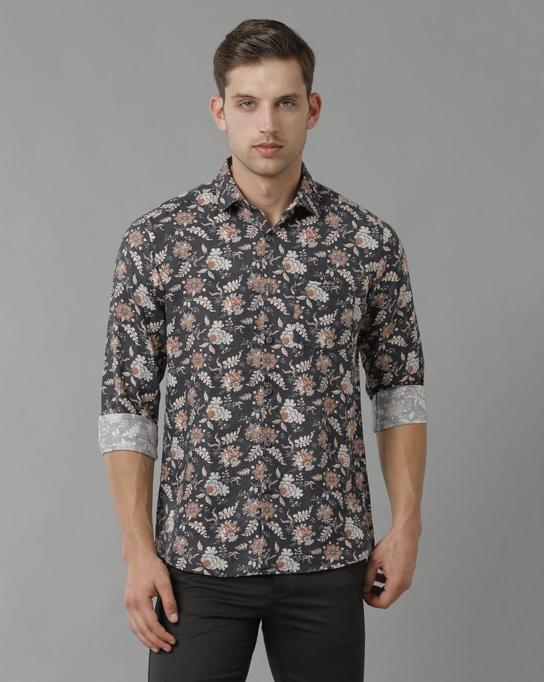 Linen Club Men's Pure Linen Black Printed Regular Fit Full Sleeve Casual Shirt