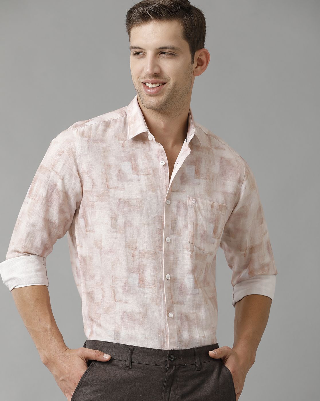 Linen Club Men's Pure Linen Pink Printed Regular Fit Full Sleeve Casual Shirt