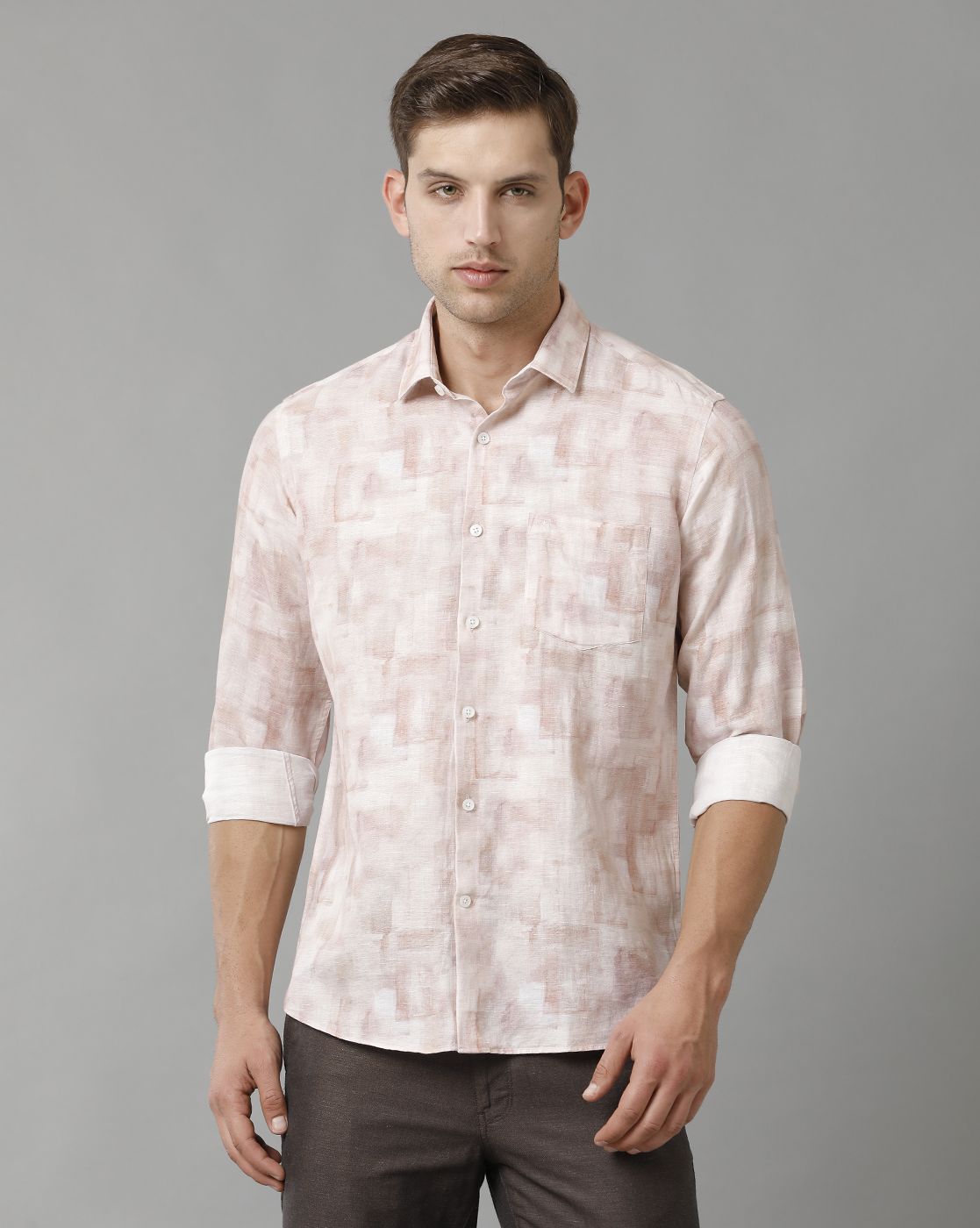 Linen Club Men's Pure Linen Pink Printed Regular Fit Full Sleeve Casual Shirt